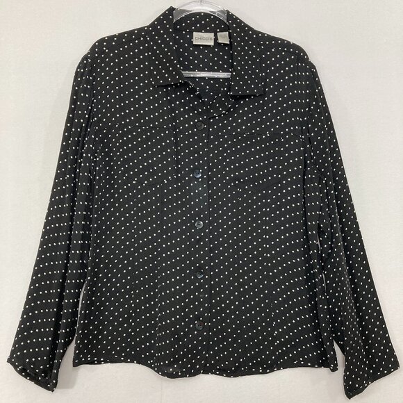 Chico's Blouse sz Large/2 Black White Polka Dot Pure Silk Long Sleeve Button Up - Picture 1 of 9